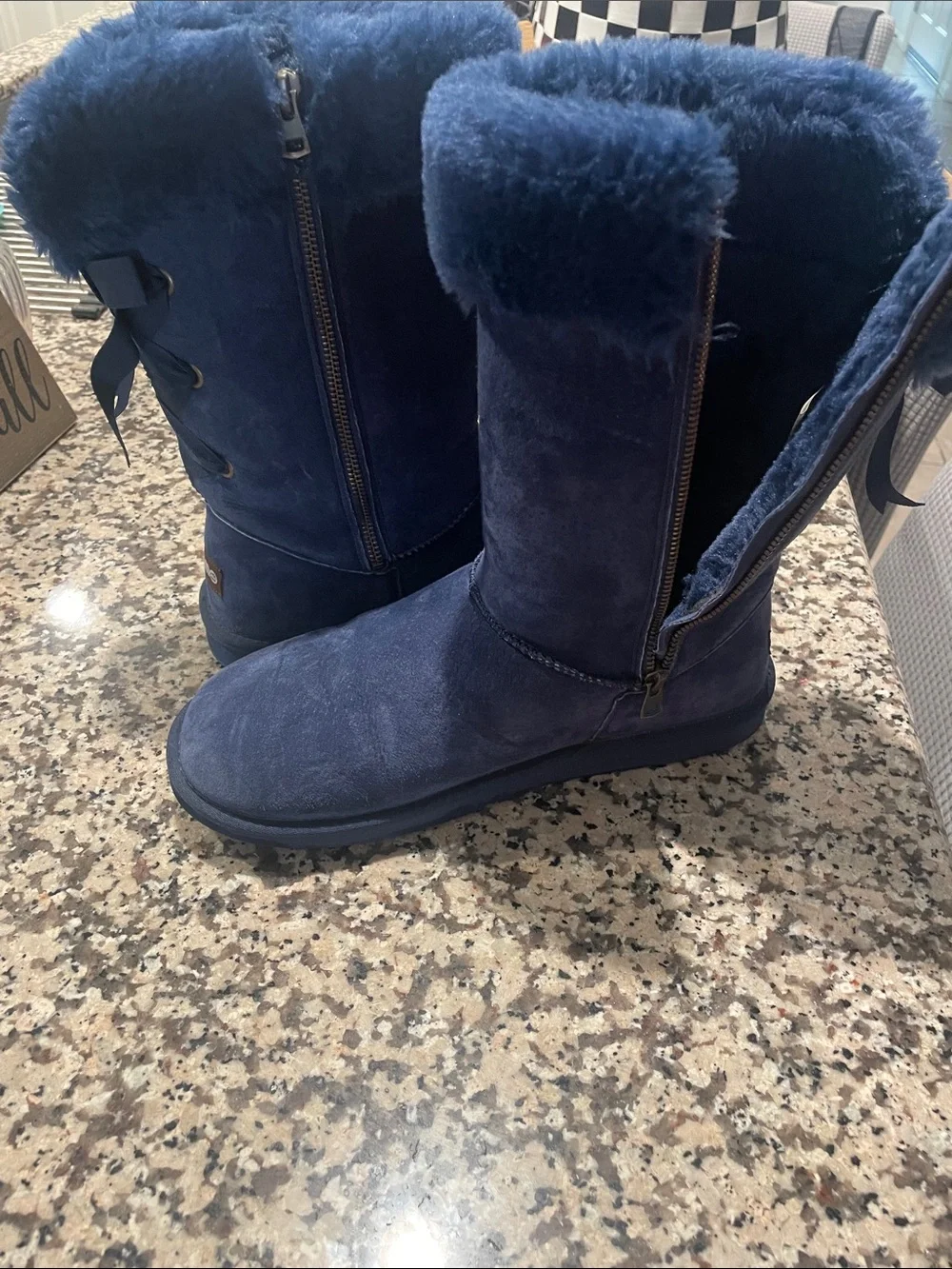 Lamo Women's Navy Blue Faux Fur Winter Boot with Ribbon Back